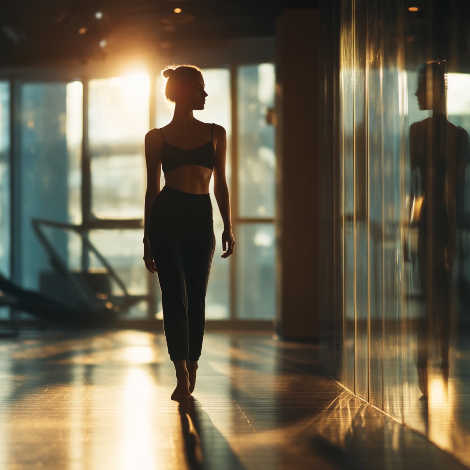Woman walking through a sunlit fitness studio
